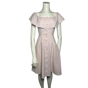 Saks Fifth Avenue Pink Linen Cotton Fit Flare Dress SMALL Button Front
